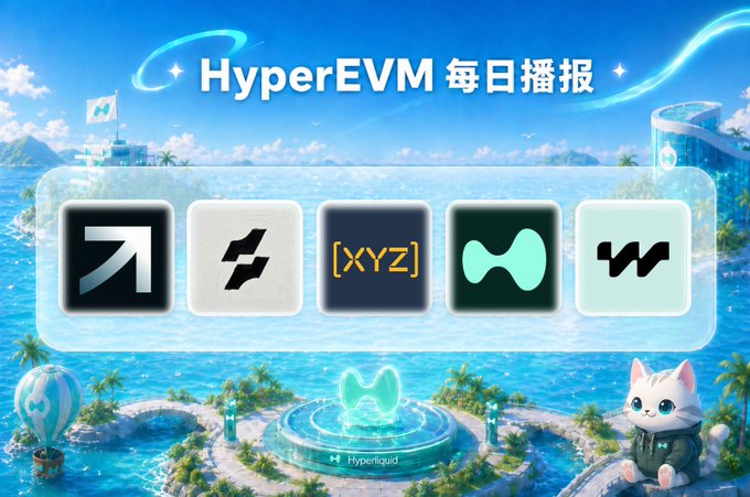 A promotional graphic titled 'HyperEVM 每日播报' (HyperEVM Daily Broadcast) displaying five cryptocurrency logos including XYZ and Hyperliquid against a tropical ocean backdrop.