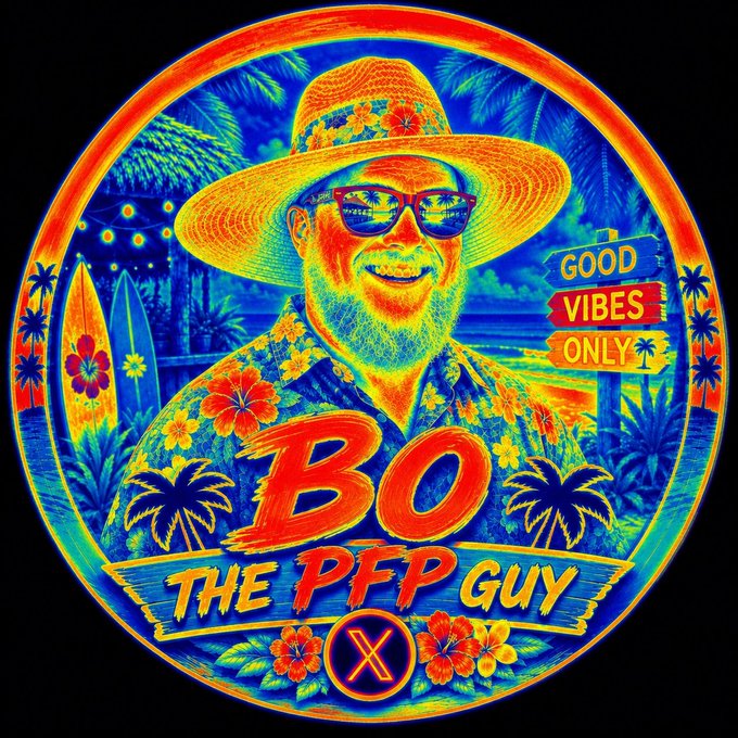 A vibrant, neon-colored graphic featuring a man in a sombrero and sunglasses with the text 'GOOD VIBES ONLY', 'BO', and 'THE PFP GUY' along with an X logo.