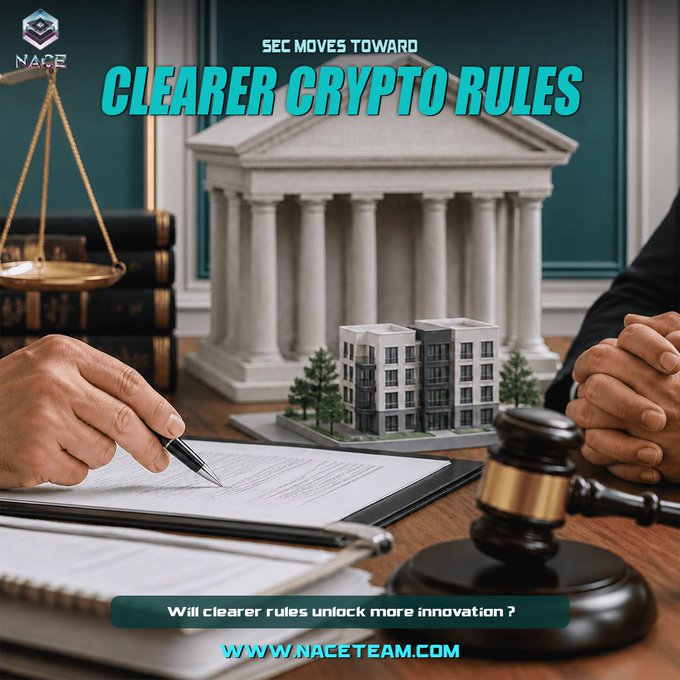 A promotional graphic featuring a courthouse, gavel, and legal documents with the headline "SEC MOVES TOWARD CLEARER CRYPTO RULES" and the tagline "Will clearer rules unlock more innovation?" alongside the NACE logo and website naceteam.com. The legal imagery visually reinforces the post's theme of evolving SEC crypto regulation.