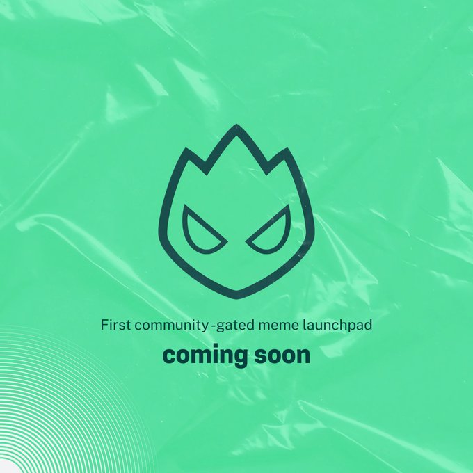 A green promotional graphic featuring a stylized tulip logo with an angry face, accompanied by the text 'First community-gated meme launchpad coming soon'.