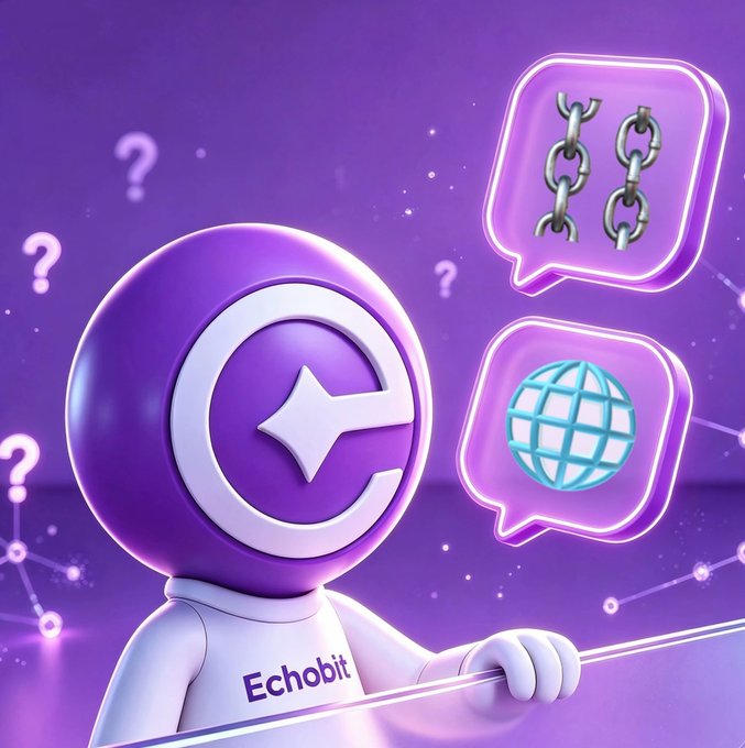 The image shows the Echobit mascot alongside two speech bubble icons containing a chain link and a globe, representing a Web3-themed emoji guessing game where participants decode the symbols to win a USDT prize.
