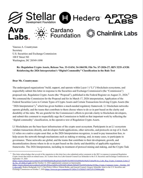 A letterhead and SEC-related document shows logos for Stellar Development Foundation, Hedera, Aptos Labs, Ava Labs, Cardano Foundation, and Chainlink Labs, addressed to Vanessa A. Countryman, with visible text about “Regulation Crypto Assets” and “digital commodity” classification.
