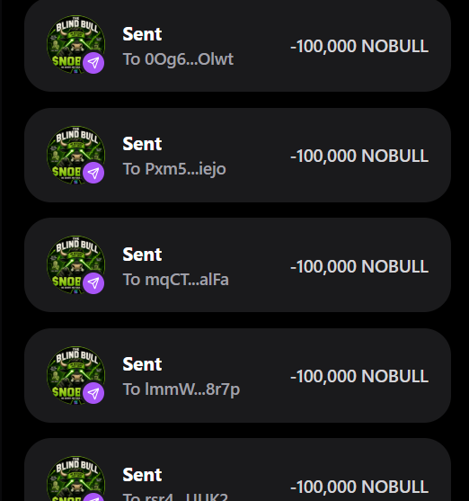 A screenshot of a crypto transaction history showing multiple entries of "-100,000 NOBULL" tokens being sent to various recipient addresses (0Oq6...0lwt, Pxm5...iejo, mqCT...alFa, ImmW...8r7p, and gsr4...UUK2), illustrating the airdrop distribution of $NOBULL tokens to participants who followed the promotion's requirements.