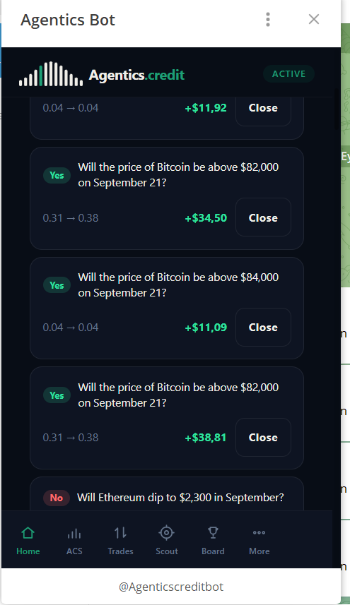 The image shows the "Agentics Bot" interface displaying active prediction markets for cryptocurrency prices, including bets on whether Bitcoin will be above $82,000 or $84,000 on September 21st, and whether Ethereum will dip to $2,300 in September, with various stake amounts ranging from +$11.09 to +$38.81. The interface includes navigation tabs (Home, ACS, Trades, Scout, Board, More) and ties to the post by showcasing the Agentics credit bot's active trading and score-tracking system that the user is monitoring to reach the 580 qualification line.