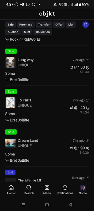 A screenshot of the objkt NFT marketplace app showing listings under "RockinFREEWorld" account with items like "Long way," "To Paris," and "Dream Land" priced between 1.20 and 1.99 tez.