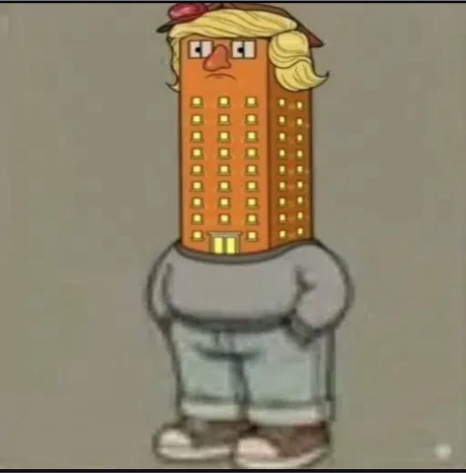 An animated cartoon figure with blonde hair, a red hat, and a face on an orange brick building torso, wearing a gray shirt and pants.