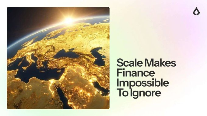 The image features a poster with a world map at its center, which has the words "Scale Makes Finance Impossible To Ignore" written above it. The poster also includes a photo of the Earth taken from space, showing the continents and oceans. The text on the poster emphasizes that financial execution is no longer just background administrative work but rather a critical factor in determining product success. This message encourages Web3 startups to focus on building an edge in their financial operations for better performance and growth.