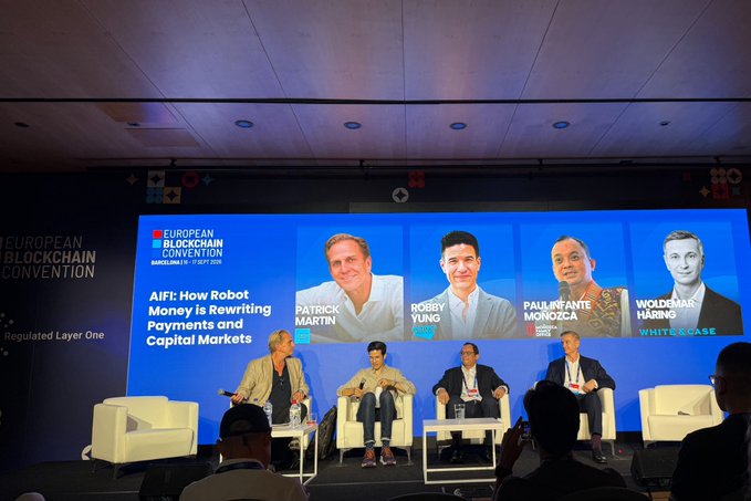 A panel discussion at the European Blockchain Convention featuring Patrick Martin (AI/F), Robby Yung (Animoca), Paul Frantellone (Kraken), and Waldemar Haraz (White & Case) discussing 'How Robot Money is Rewriting Payments and Capital Markets.'