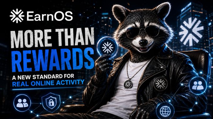 Promotional graphic for EarnOS featuring a raccoon mascot in sunglasses and a leather jacket holding a token, with text reading 'MORE THAN REWARDS' and 'A NEW STANDARD FOR REAL ONLINE ACTIVITY'.