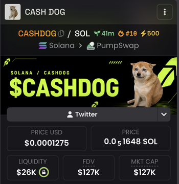 A memecoin tracker page displays the CASH DOG ($CASHDOG) token on the Solana network via PumpSwap, showing a price of $0.0001275 (0.01648 SOL), liquidity of $26K, and market cap of $127K at rank #19. The image visually represents the $CASHDOG token referenced in the giveaway post, which promises $10,000 to the first 888 people who follow and retweet.