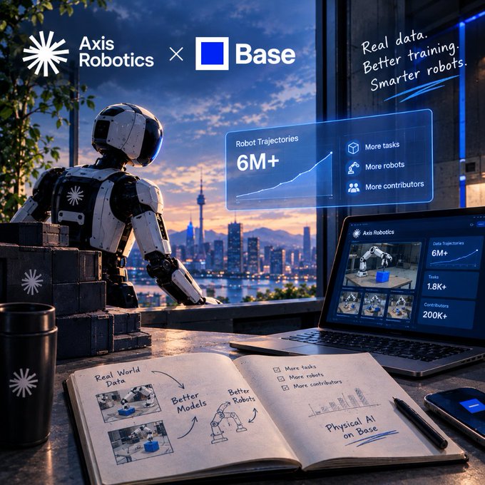 A promotional graphic for a partnership between 'Axis Robotics' and 'Base' featuring a humanoid robot, a laptop, and handwritten notes, with text including 'Real data. Better training. Smarter robots.', 'Robot Trajectories 6M+', and 'Physical AI on Base'.
