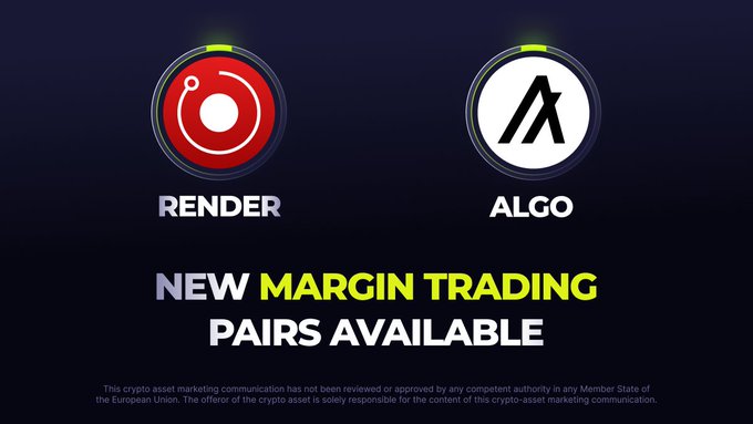The image announces the addition of two new margin trading pairs—RENDER/USDT and ALGO/USDT—on WhiteBIT, displaying the Render and Algorand logos prominently above the text "NEW MARGIN TRADING PAIRS AVAILABLE," which aligns with the post promoting expanded leverage trading options for these specific cryptocurrency combinations.