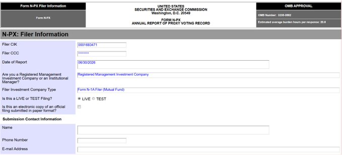 A screenshot of an SEC Form N-PX Filer Information page shows Listed Funds Trust (CIK 0001683471) filing an annual report of proxy voting record dated 06/30/2026 as a registered management investment company with a mutual fund. The form corresponds to the newly filed crypto ETF registrations, including the leveraged Teucrium 2x Daily Long XRP ETF and 21Shares crypto funds mentioned in the post.