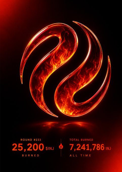 An Injective ($INJ) burn graphic showing 'ROUND #233, 25,200 $INJ BURNED' and 'TOTAL BURNED 7,241,786 INJ ALL TIME' with a fiery logo.