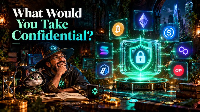 A promotional graphic reading 'What Would You Take Confidential?' featuring a man wearing a wizard-style hat and a cat beside glowing cryptocurrency symbols (Bitcoin, Ethereum, Solana, etc.) and a central shield icon.