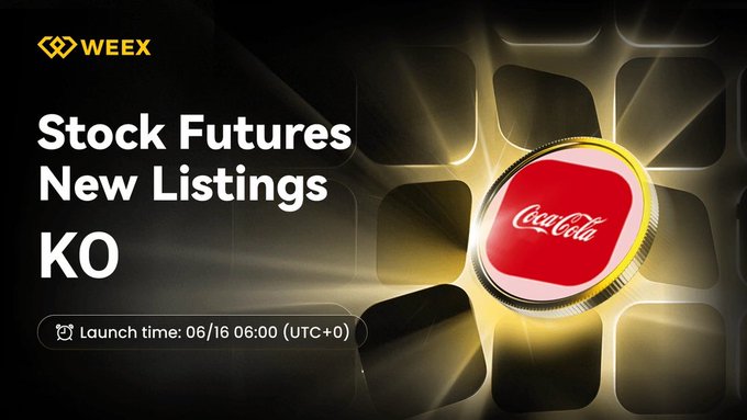 The image features a poster for a stock future listing, with a red Coca Cola logo at the center of the poster. The poster includes text that reads "Stock Futures New Listings KO" and "Jun. 16, 2026, 06:00 Register Instantly Here: weex.com/help/articles/". This suggests that there is an event related to stock future listings happening on June 16th at 10am-06pm (noon). The poster also includes a link to the event details, which can be found in the bottom right corner of the image.