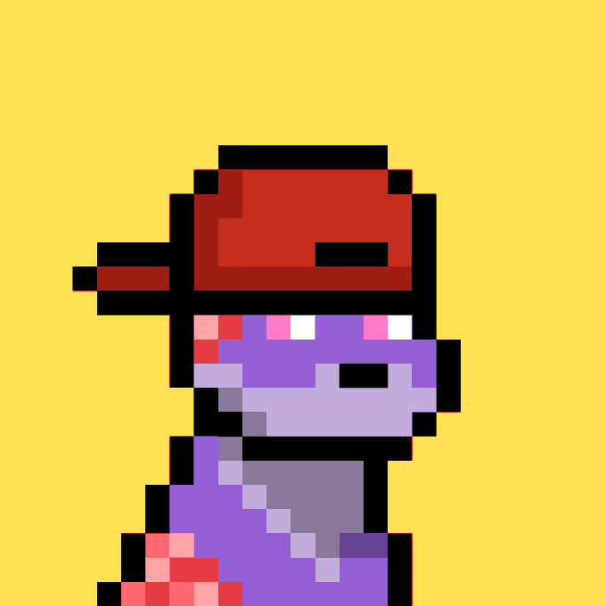 A pixel art illustration of a purple axolotl wearing a red backwards baseball cap against a yellow background.
