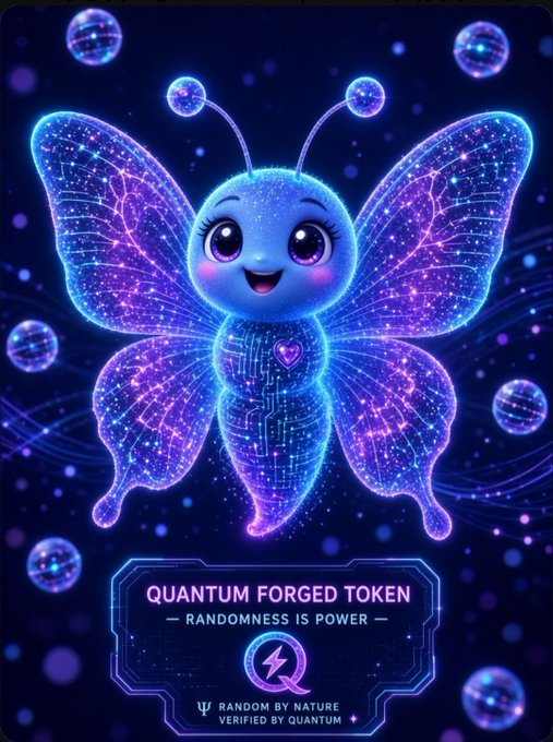 A digital artwork featuring a glowing purple and blue butterfly character on a dark cosmic background, labeled "QUANTUM FORGED TOKEN" with the tagline "RANDOMNESS IS POWER" and "RANDOM BY NATURE, VERIFIED BY QUANTUM."