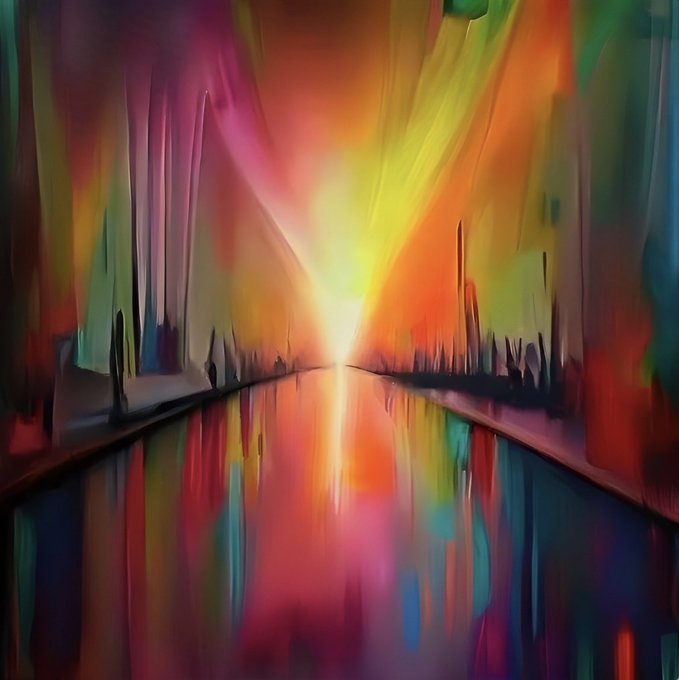 An abstract digital painting featuring vibrant, radiating colors—yellow, orange, red, pink, green, and blue—reflected on a wet surface below.