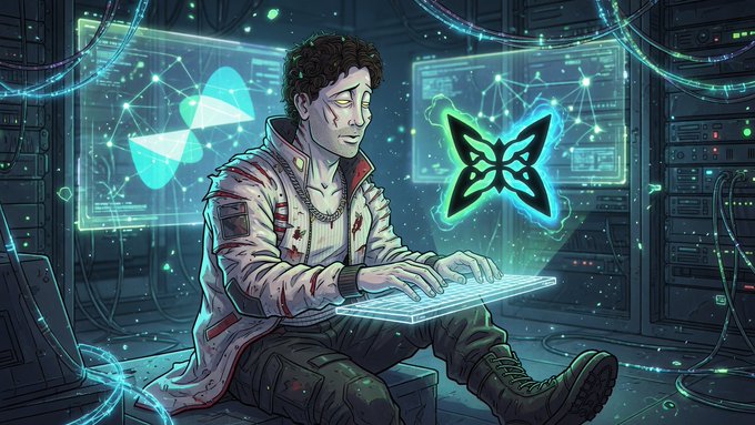 A digital illustration of a wounded man in a blood-stained lab coat typing on a glowing keyboard inside a high-tech server room, with holographic radiation and butterfly symbols floating beside him.