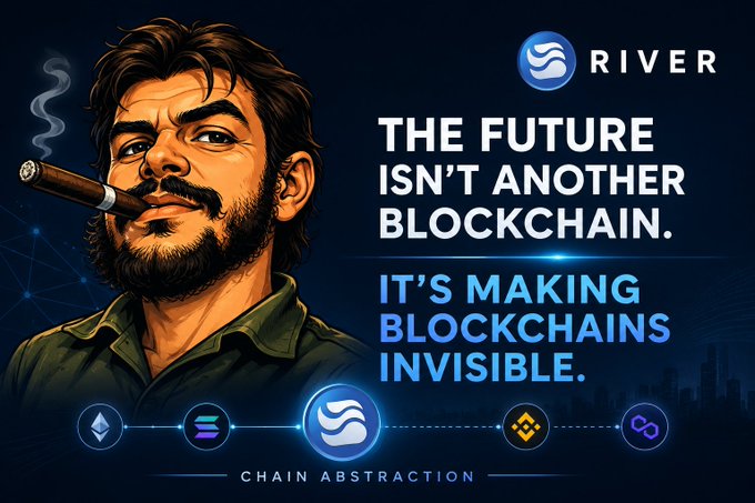 A stylized illustration of a bearded man smoking a cigar appears alongside the text "THE FUTURE ISN'T ANOTHER BLOCKCHAIN. IT'S MAKING BLOCKCHAINS INVISIBLE," promoting River's "Chain Abstraction" concept with logos of Ethereum, Solana, and other crypto networks connected at the bottom. The image visually reinforces the post's argument that the next crypto winner will be a protocol that abstracts away the underlying blockchain technology rather than any specific chain.