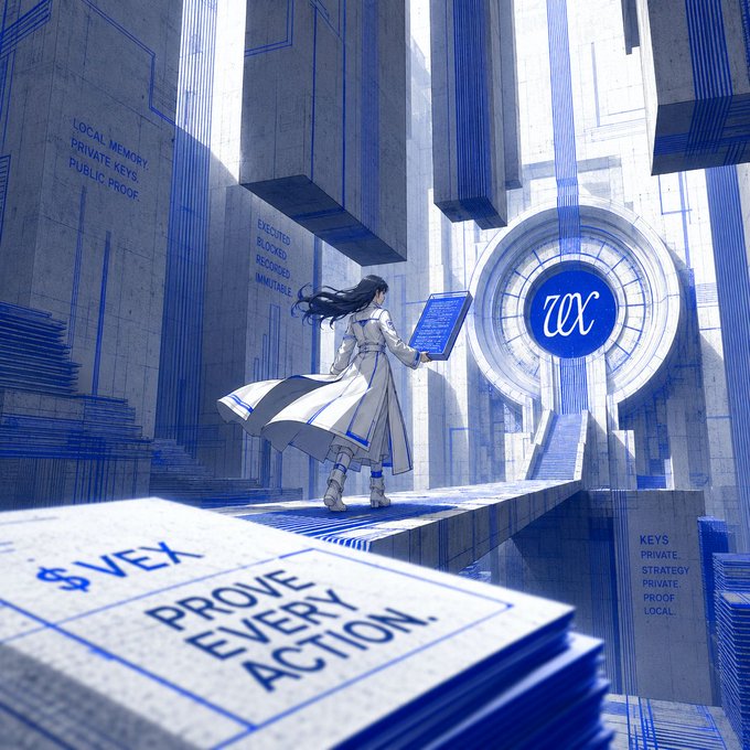 An anime-styled figure in a white coat holds a blue interface panel while walking across a bridge toward a vault door marked "VX," surrounded by text referencing local memory, private keys, public proofs, and encoders — visually echoing the post's description of $VEX's security architecture, where the runtime layer enforces rules and proves every action separately from the AI model.