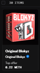 The image shows an NFT listing on a marketplace for "Original Blokyz" featuring a 3D character design on the cover art, priced at 0.22 ETH. This appears to be the presale collection referenced in the post, celebrating being selected for the presale spot with plans to upgrade from the current 0.22 ETH floor to 1 ETH soon.