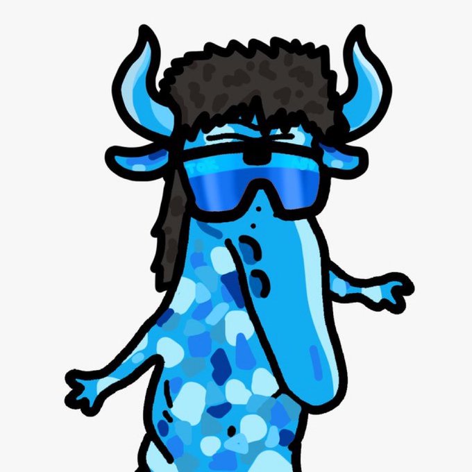 A stylized blue creature with horns, sunglasses, and a textured black hair/fur top stands against a white background, complementing the "Gm" (good morning) crypto greeting with its cool, laid-back vibe.