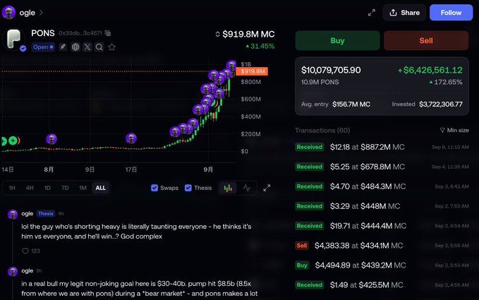 A cryptocurrency trading interface showing the PONS token chart with a current value of $919.8M MC, up 31.45%, including a transaction history of buys and sells in the millions.