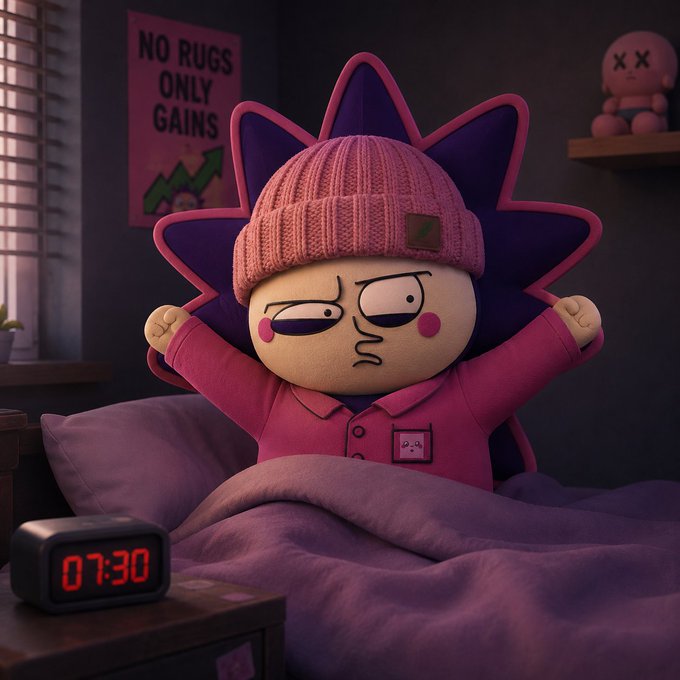 A 3D-rendered plush-style cartoon character with spiky purple hair, wearing a pink knit beanie and pajamas, stretching in bed with a digital clock showing 07:30 and a poster reading 'NO RUGS ONLY GAINS'.