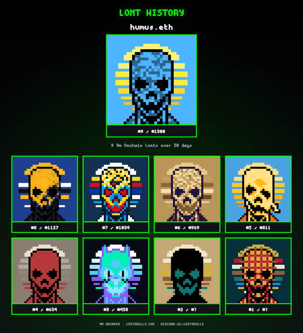 A pixel art NFT collection display titled "LONT HISTORY" by humus.eth, featuring 9 colorful alien/skull pixel art characters arranged in a grid with their edition numbers and identifiers.