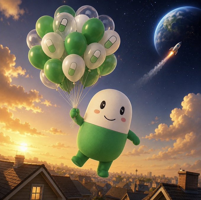 A cute green-and-white pill-shaped mascot floats above a sunset cityscape, lifted by a bundle of green and clear balloons imprinted with pill icons, while a rocket streaks toward the moon in the background—visualizing the post's hype about the "$cupsey" token soaring toward "$10m" and beyond on its "ride to Valhalla."
