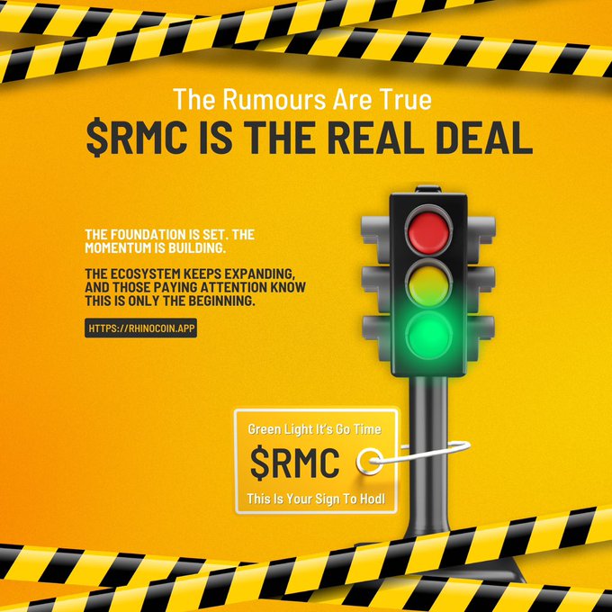 A promotional graphic for $RMC cryptocurrency with text 'The Rumours Are True $RMC IS THE REAL DEAL' featuring a green traffic light and yellow caution tape borders.