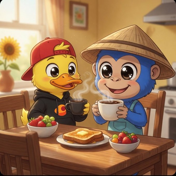 The image features two cartoon characters - one yellow duck wearing a red baseball cap and the other blue monkey with a straw hat sitting at a wooden dining table enjoying breakfast together, which includes toast, fruit, and coffee. The scene suggests that they are having a meal in a cozy kitchen setting.