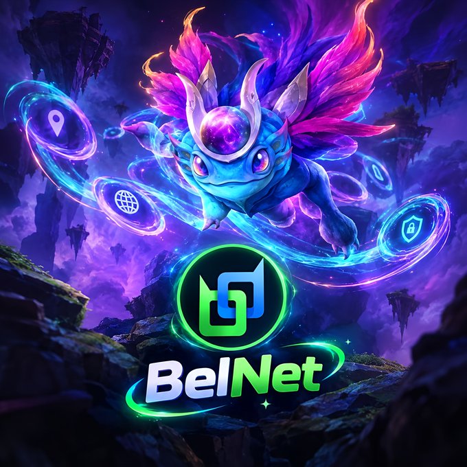 Vibrant digital artwork of a colorful axolotl-like creature surrounded by floating tech icons, with the 'BelNet' logo displayed below.