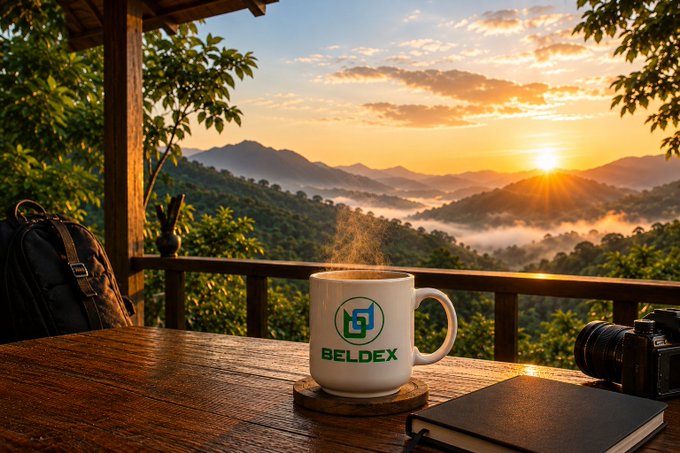 A scenic photograph of a wooden balcony at sunrise overlooking misty mountains, with a steaming coffee mug branded 'BELDEX', a camera, and a backpack on the table.