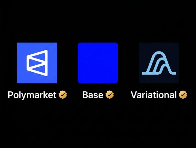 The image shows three different logos for a project management app called @baseapp, @Polymarket, and @variational. The logos are displayed against a black background with white text. The first logo is blue and has a triangle shape, the second logo is also blue but has a square shape, and the third logo is blue as well but has an oval shape. These logos represent different aspects of the app's functionality or purpose.