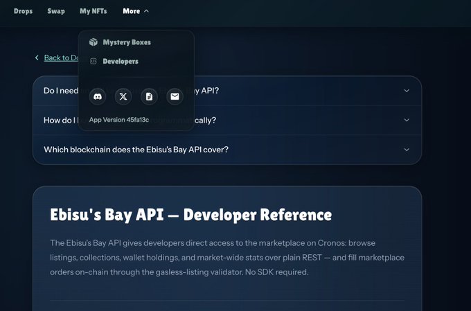 A screenshot of the Ebisu's Bay NFT marketplace website showing a "Developers" dropdown menu with "Mystery Boxes" and sharing options, alongside a FAQ section and developer reference documentation for the Ebisu's Bay API (App Version 45fa13c). The image illustrates the post's announcement about the Ebisu's Partner API being available to developers building on Cronos NFTs.