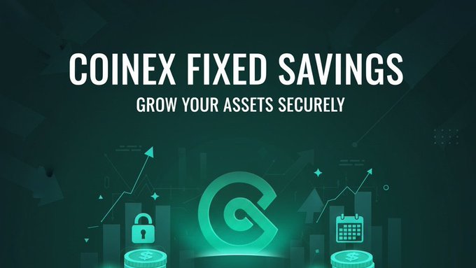 iced logos for Coinex Fixed Savings and Grow Your Assets Securely, with a green shield symbolizing security.