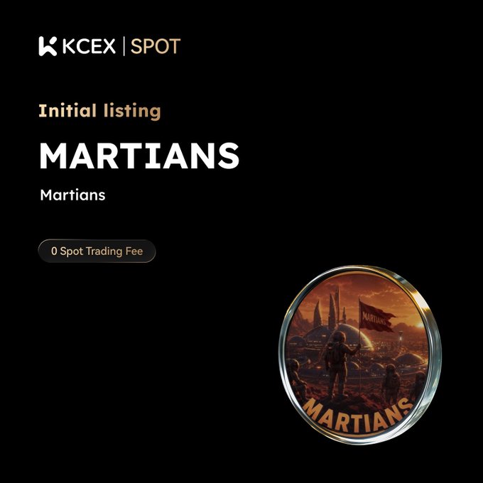 A KCEX Spot initial listing announcement for the Solana-based memecoin MARTIANS, highlighting zero spot trading fees. The image features a circular coin emblem depicting an astronaut on Mars with a "MARTIANS" flag, set against a black background alongside the KCEX SPOT branding.