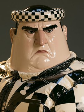 A figurine of a stern, frowning character wearing a black and white checkered hat and patterned outfit is displayed against a dark background, likely representing one of the "Nibblins" NFTs mentioned in the post as part of the launch with @NibblinsHQ.