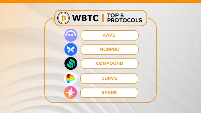 Graphic showing 'WBTC TOP 5 PROTOCOLS' with logos and names: AAVE, MORPHO, COMPOUND, CURVE, SPARK.