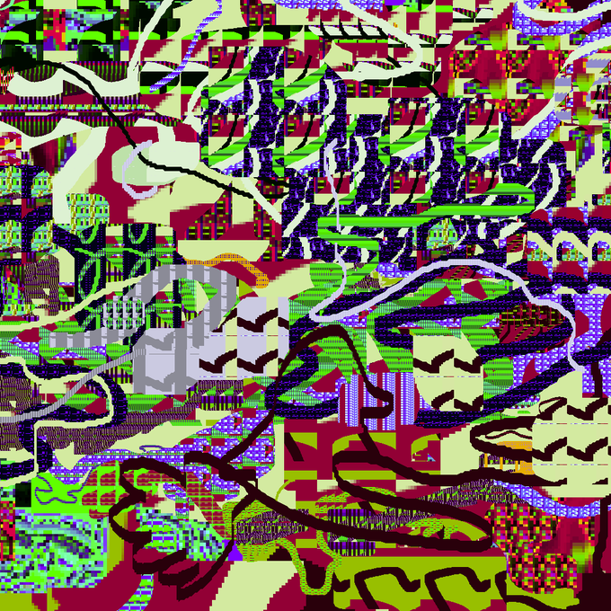 A chaotic abstract digital artwork featuring bright neon colors, intricate patterns, and bold linework in green, purple, pink, and yellow.