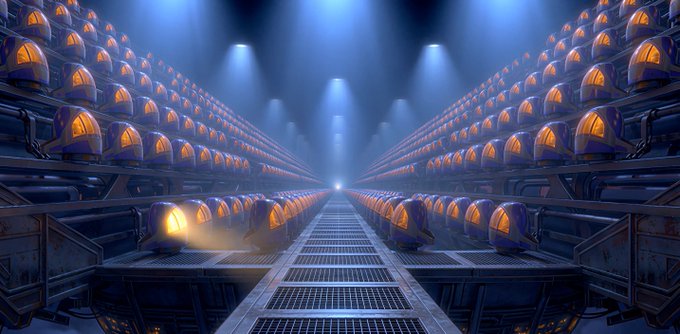 A futuristic, sci-fi inspired digital rendering of an endless corridor lined with rows of glowing orange pods or chambers, illuminated by blue overhead lights with a central walkway stretching into a distant vanishing point. The image evokes the concept of a Ritual Architecture infrastructure, visually representing the interconnected, multi-step system of requests and calculations described in the post.