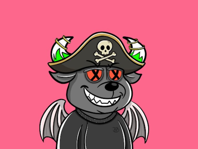 A cartoon illustration of a black dog or wolf character wearing a pirate hat with a skull and crossbones, featuring red X-shaped eyes, sharp teeth, and small bat wings against a pink background.