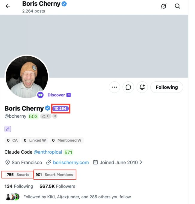 A screenshot of a Twitter profile for 'Boris Cherny' (@bchherny) showing 10,264 Smart posts, 901 Smart Mentions, and 755 Smarts, with 567.5K Followers.
