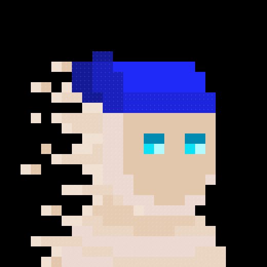 A pixel art illustration of a figure with blue hair and cyan eyes dissolving or pixelating into fragments against a black background.