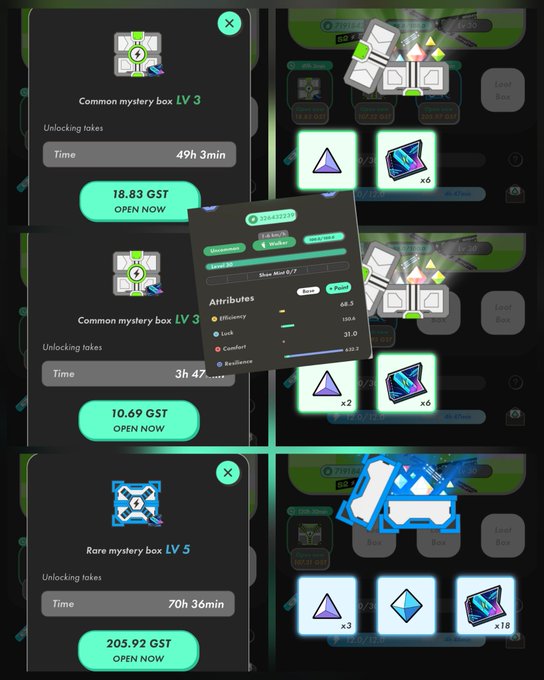 Collage of game screenshots showing Common and Rare mystery boxes (LV 3 and LV 5) being unlocked, with stats panels displaying attributes like Efficiency, Luck, Comfort, and Resilience alongside reward icons.