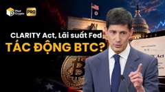 A news thumbnail from "Phổ Biến Pro" features a man in a blue suit speaking, with the headline "CLARITY Act, Lãi suất Fed TÁC ĐỘNG BTC?" displayed in red and white text alongside a Bitcoin graphic and US Capitol background, connecting to the post's AI discussion involving tech leaders like Musk, Anthropic's CEO, and OpenAI's CEO.