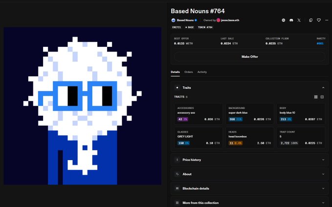 A digital marketplace page displays a pixel-art NFT of a white skull-like character wearing blue glasses. The listing is titled 'Based Nouns #764' and shows various traits and pricing details in ETH.
